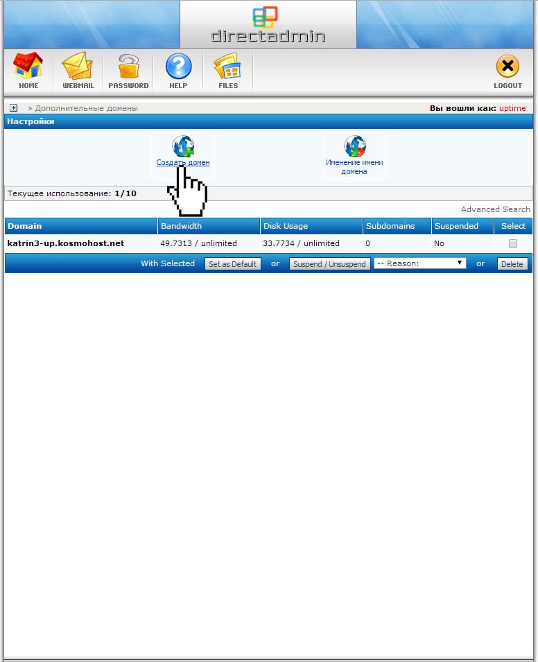 Переход к созданию домена в панели DirectAdmin