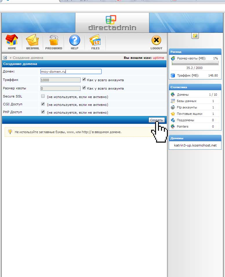 Создание домена в панели DirectAdmin