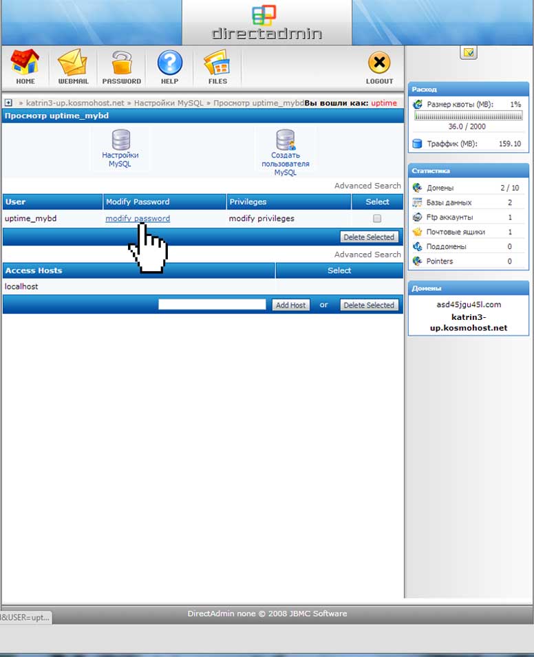 Редактирование пароля пользователя БД в панели DirectAdmin