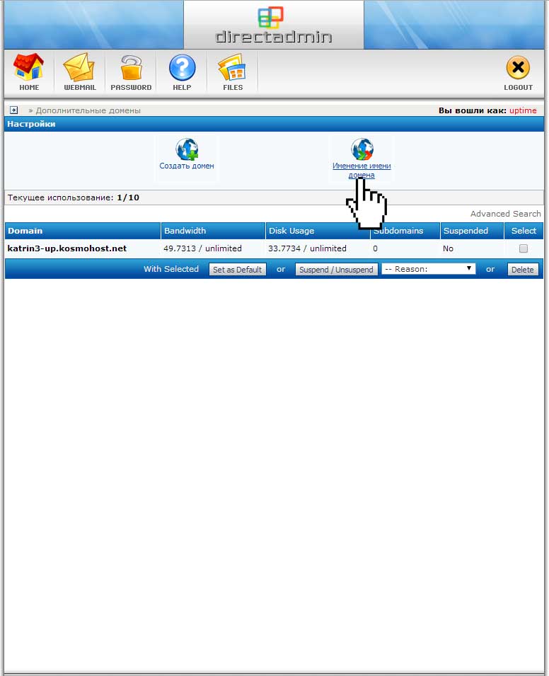 Переход к изменению домена в панели DirectAdmin