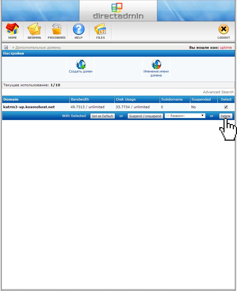 Удаление сайта с хостинга в панели DirectAdmin
