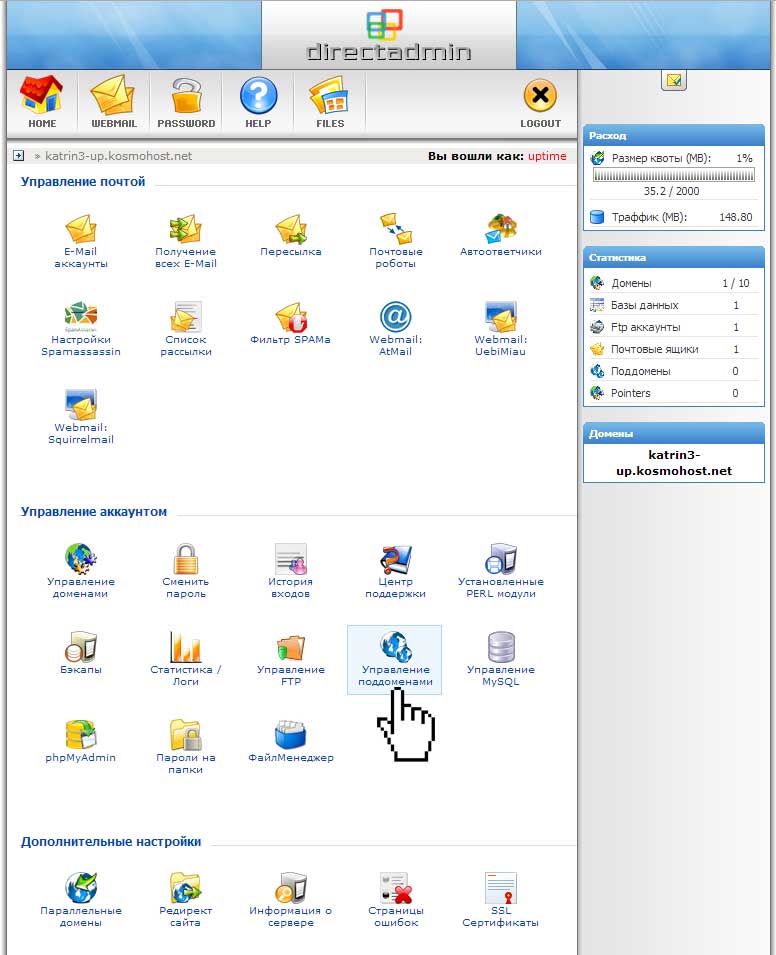 Вход в управление поддоменами через главное меню панели DirectAdmin