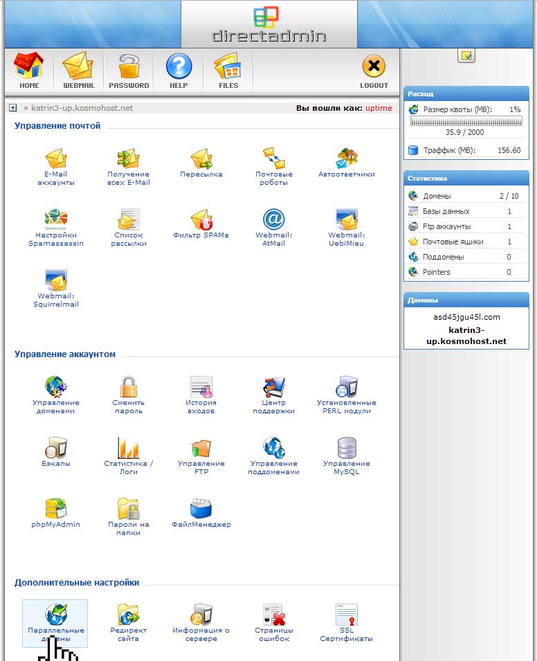 Переход в Параллельные домены в главном меню панели DirectAdmin