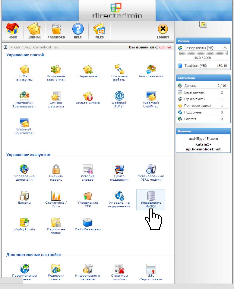 Переход в Управление MySQL в главном меню панели DirectAdmin