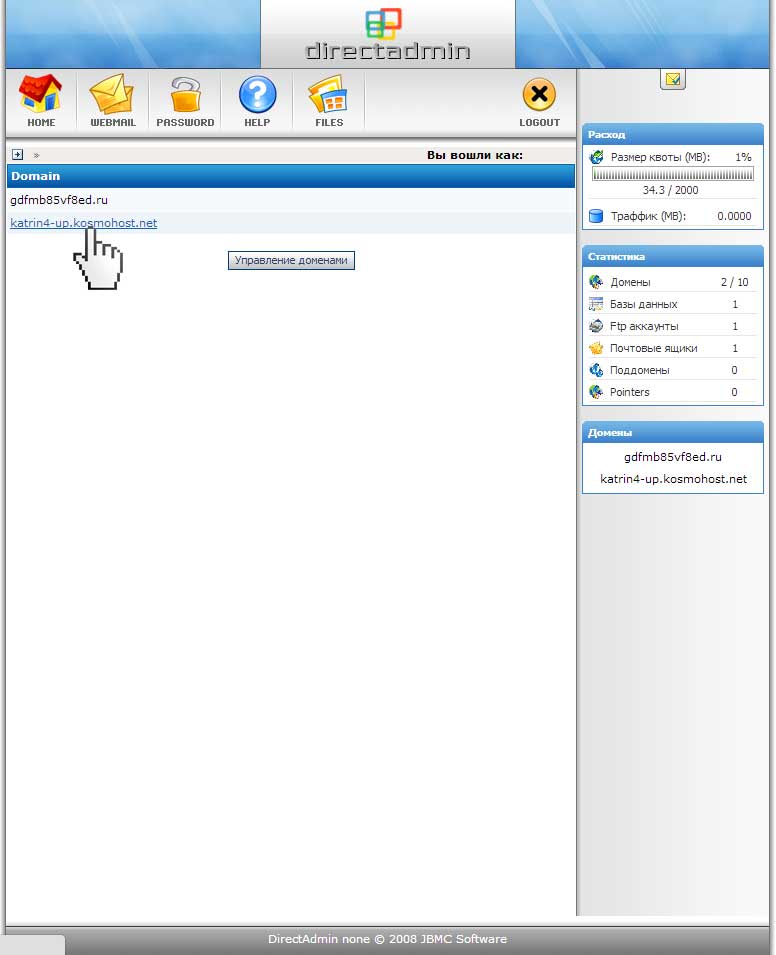 Выбор домена в панели DirectAdmin